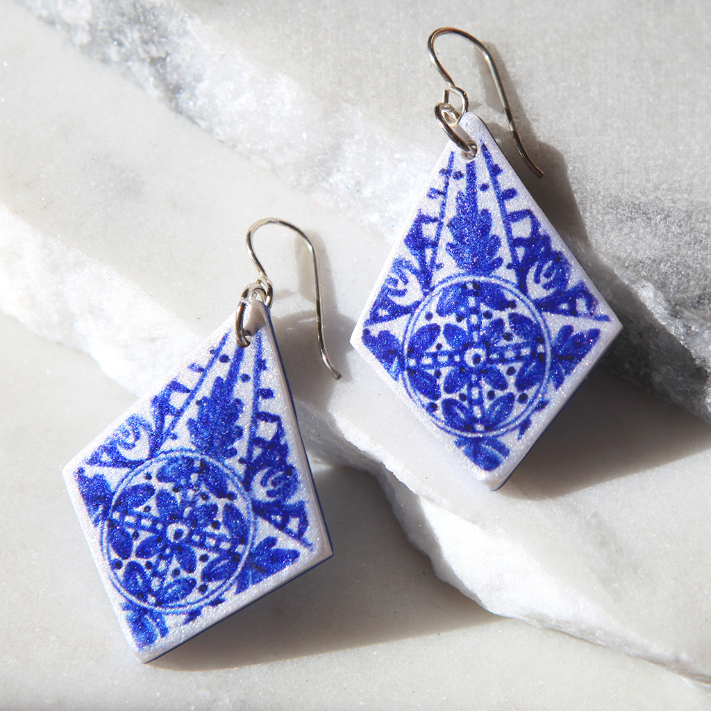 blue rhombus floral ink paint art earrings new next romance jewellery handmade in australia design
