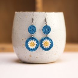 medallion micro-crochet earrings - blue & ivory